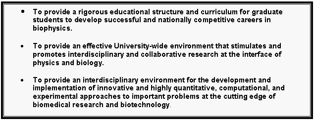 Text Box: 	To provide a rigorous educational structure and curriculum for graduate students to develop successful and nationally competitive careers in biophysics. 

	To provide an effective University-wide environment that stimulates and promotes interdisciplinary and collaborative research at the interface of physics and biology.

	To provide an interdisciplinary environment for the development and implementation of innovative and highly quantitative, computational, and experimental approaches to important problems at the cutting edge of biomedical research and biotechnology.

