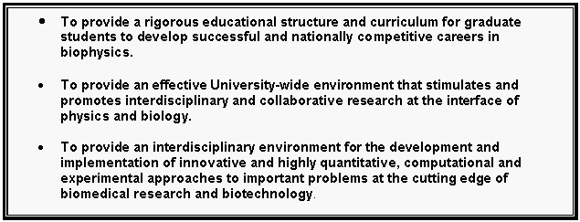 Text Box: 	To provide a rigorous educational structure and curriculum for graduate students to develop successful and nationally competitive careers in biophysics. 

	To provide an effective University-wide environment that stimulates and promotes interdisciplinary and collaborative research at the interface of physics and biology.

	To provide an interdisciplinary environment for the development and implementation of innovative and highly quantitative, computational and experimental approaches to important problems at the cutting edge of biomedical research and biotechnology.

